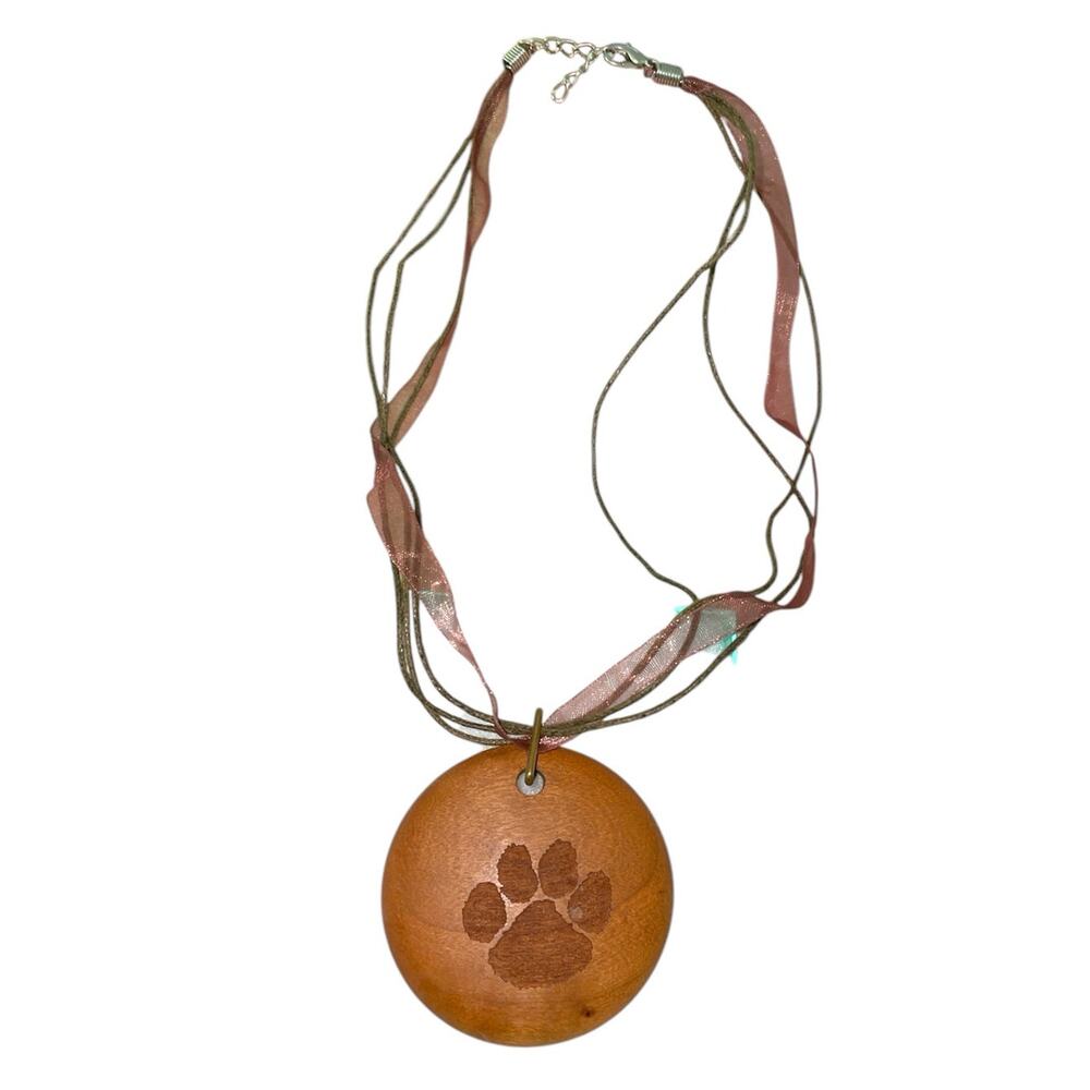 Fur Baby Paw Print Pendant Wood Ribbon Necklace